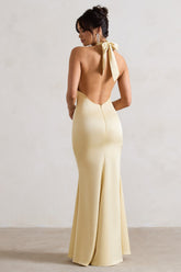 Lemon Satin Cross Over Halter-Neck Maxi Dress